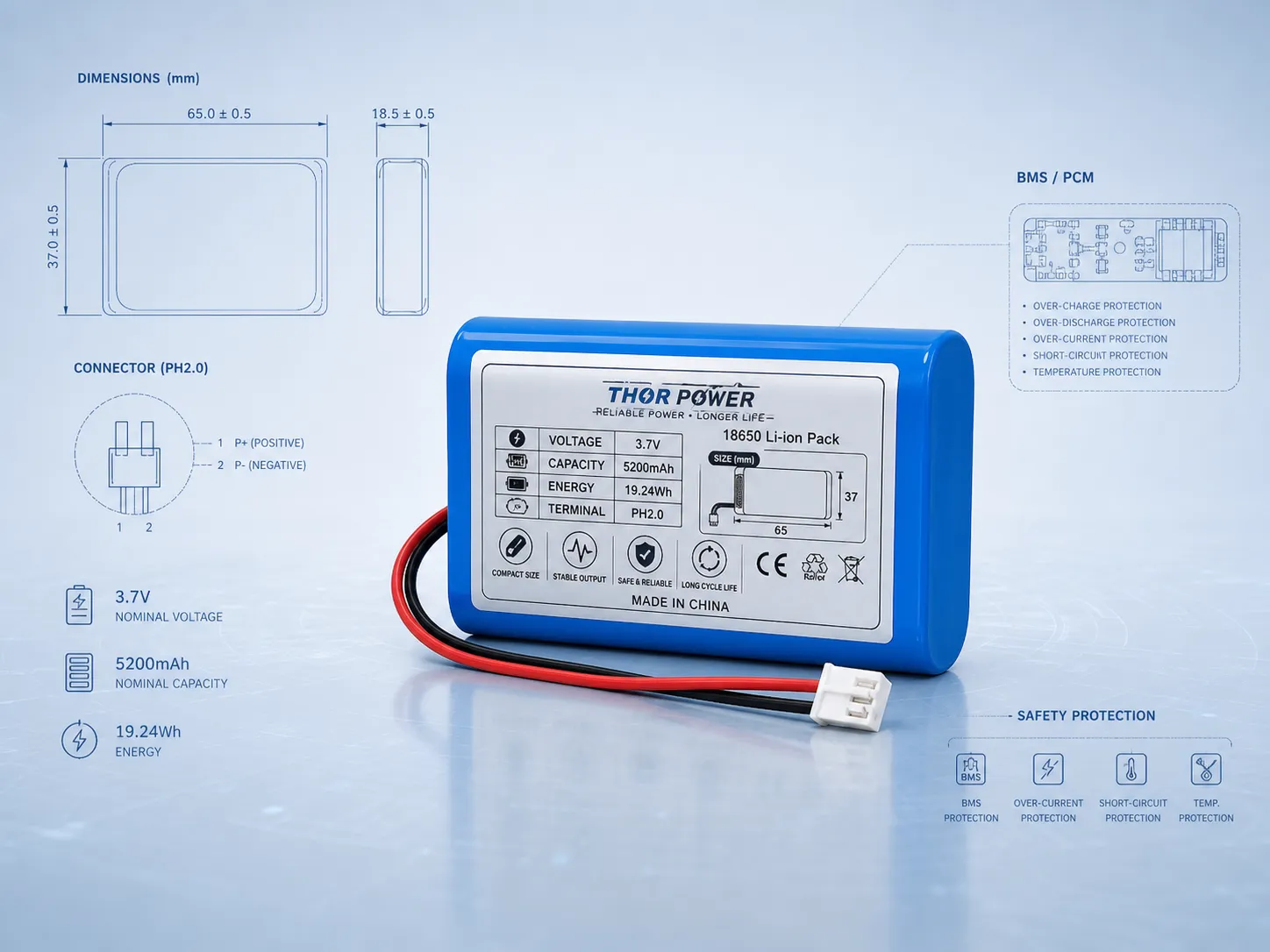Custom 18650 and 21700 cylindrical Li-ion battery pack with BMS protection and connector