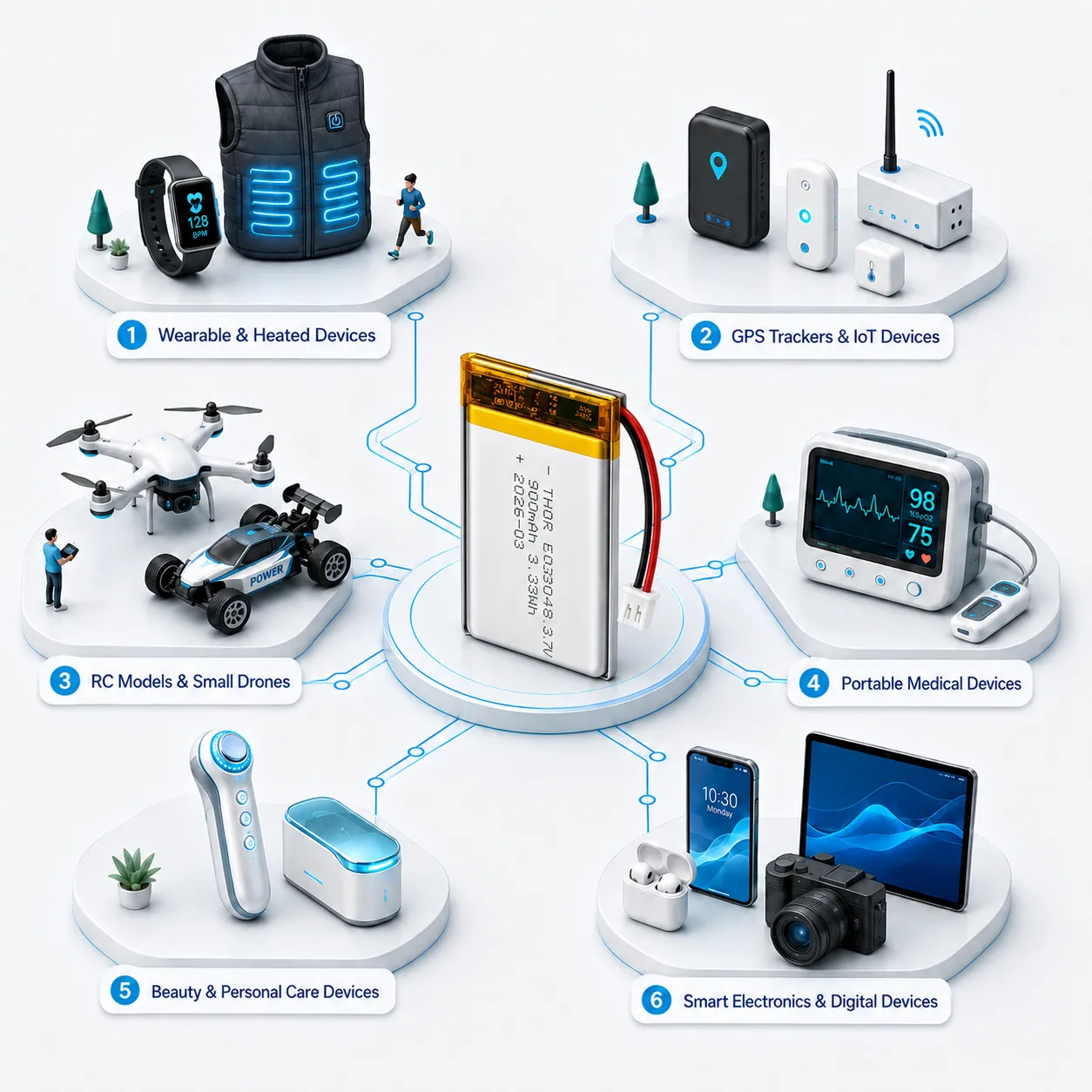 Custom LiPo battery applications for small electronic devices including wearable devices, GPS trackers, IoT devices, RC models, portable medical devices, beauty care devices, and smart electronics