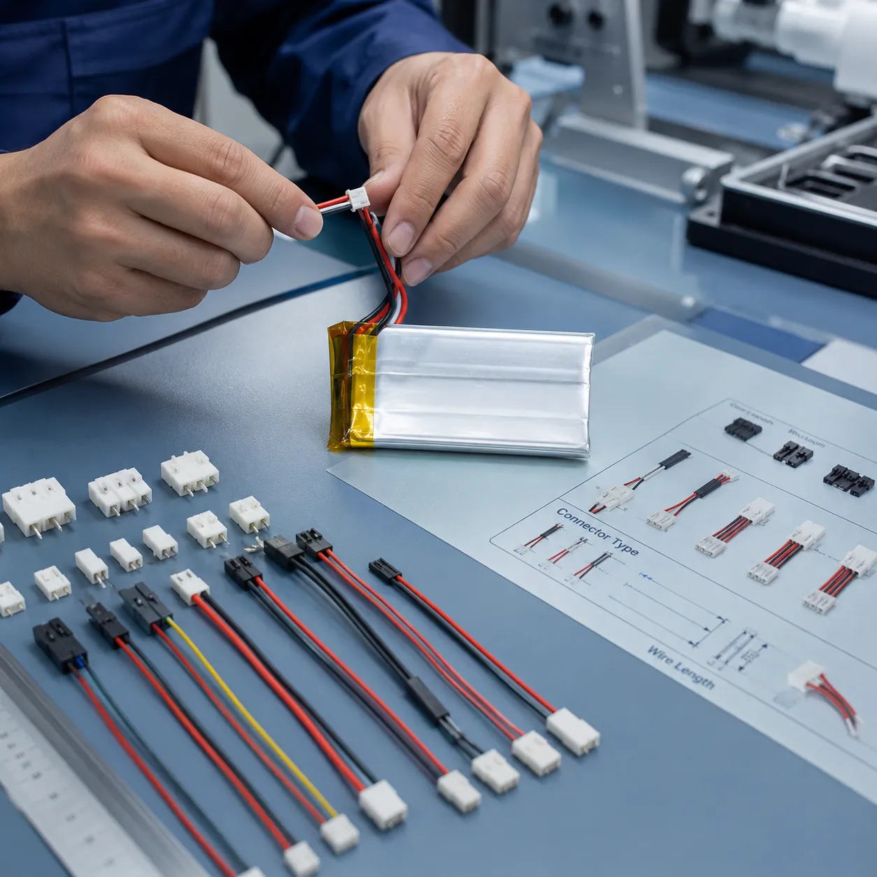 Custom LiPo battery connector and wire length layout design diagram