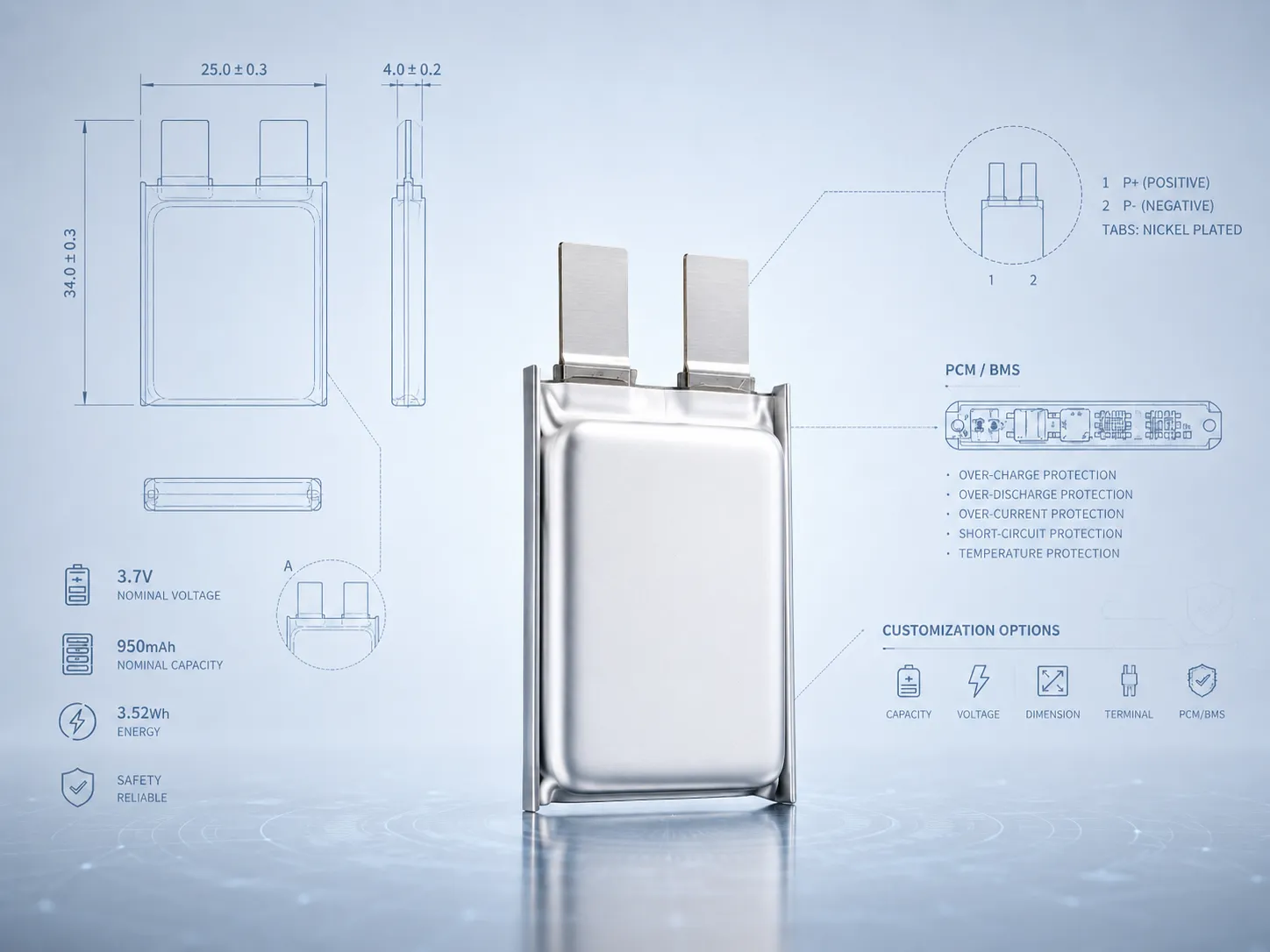 Custom LiPo battery solution with engineering drawing connector wire and PCM protection for OEM electronic devices