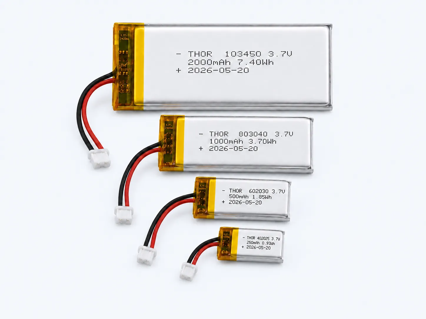 Custom LiPo battery with connector for compact electronics, wearable devices, GPS trackers and portable medical devices