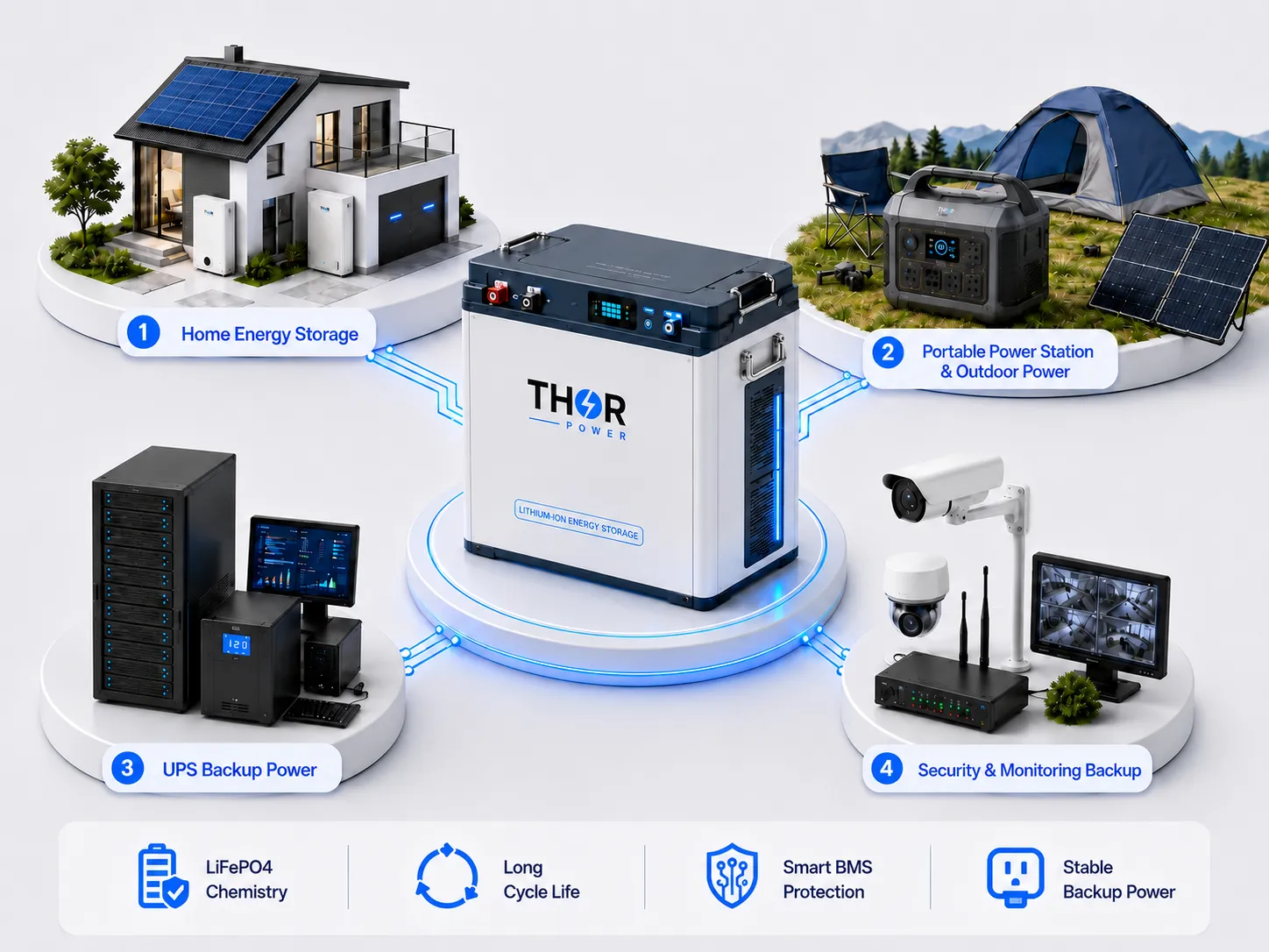 Custom lithium battery pack for home energy storage, portable power station, outdoor power, UPS backup power, and security monitoring backup applications