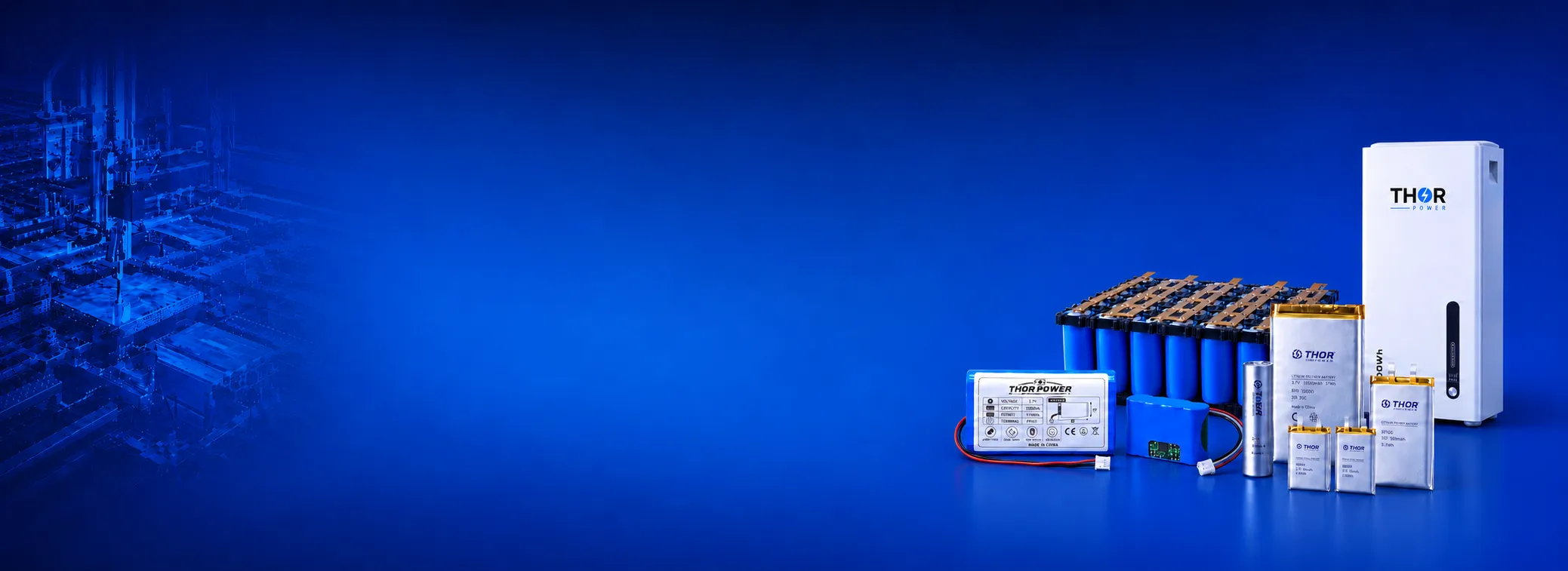 THOR Power custom battery product lineup including LiPo pouch batteries, LiFePO4 battery packs, 18650 and 21700 battery packs, and OEM ODM battery solutions