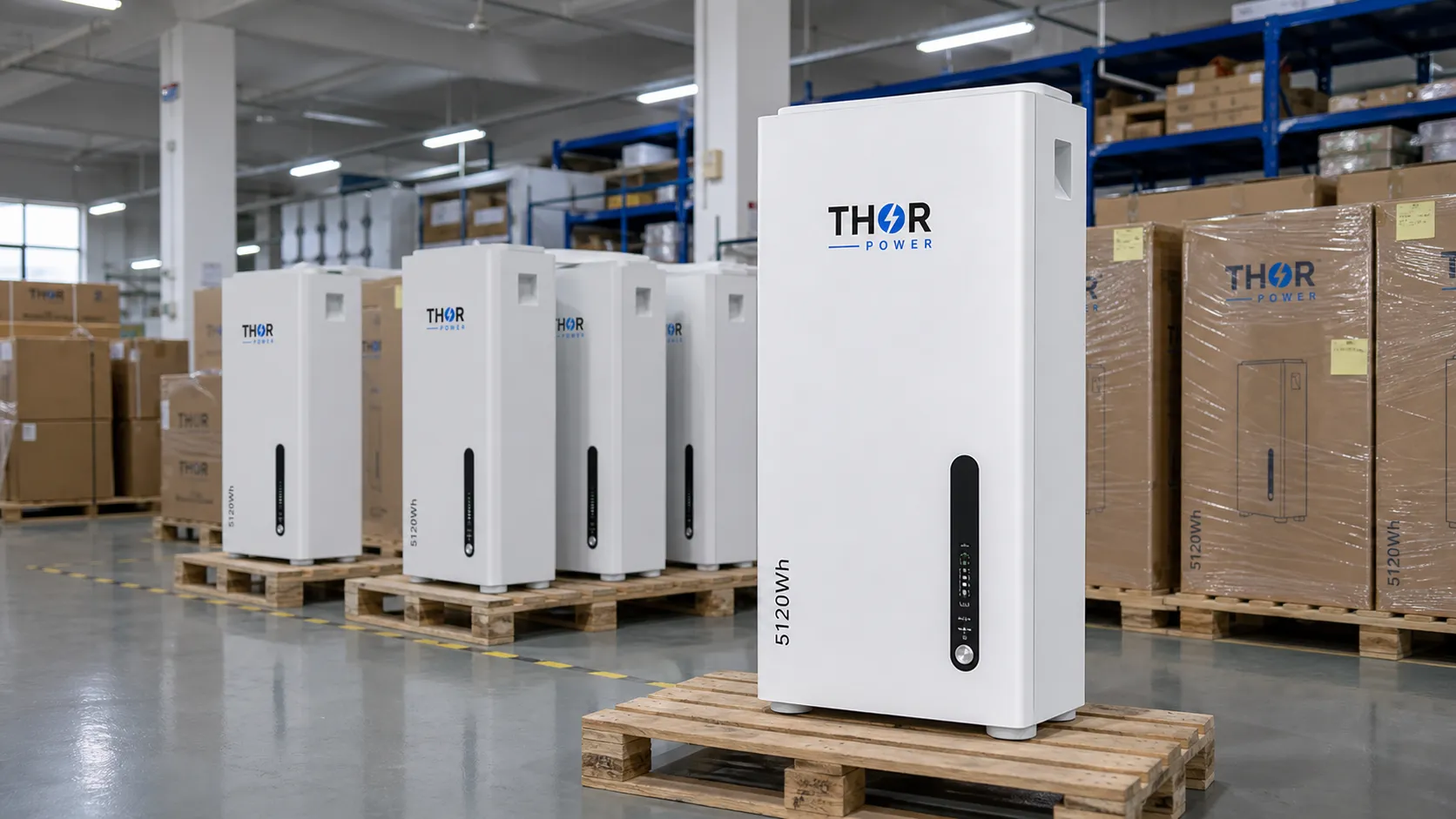 THOR Power 51.2V 100Ah 5120Wh wall-mounted LiFePO4 home energy storage batteries prepared for shipment