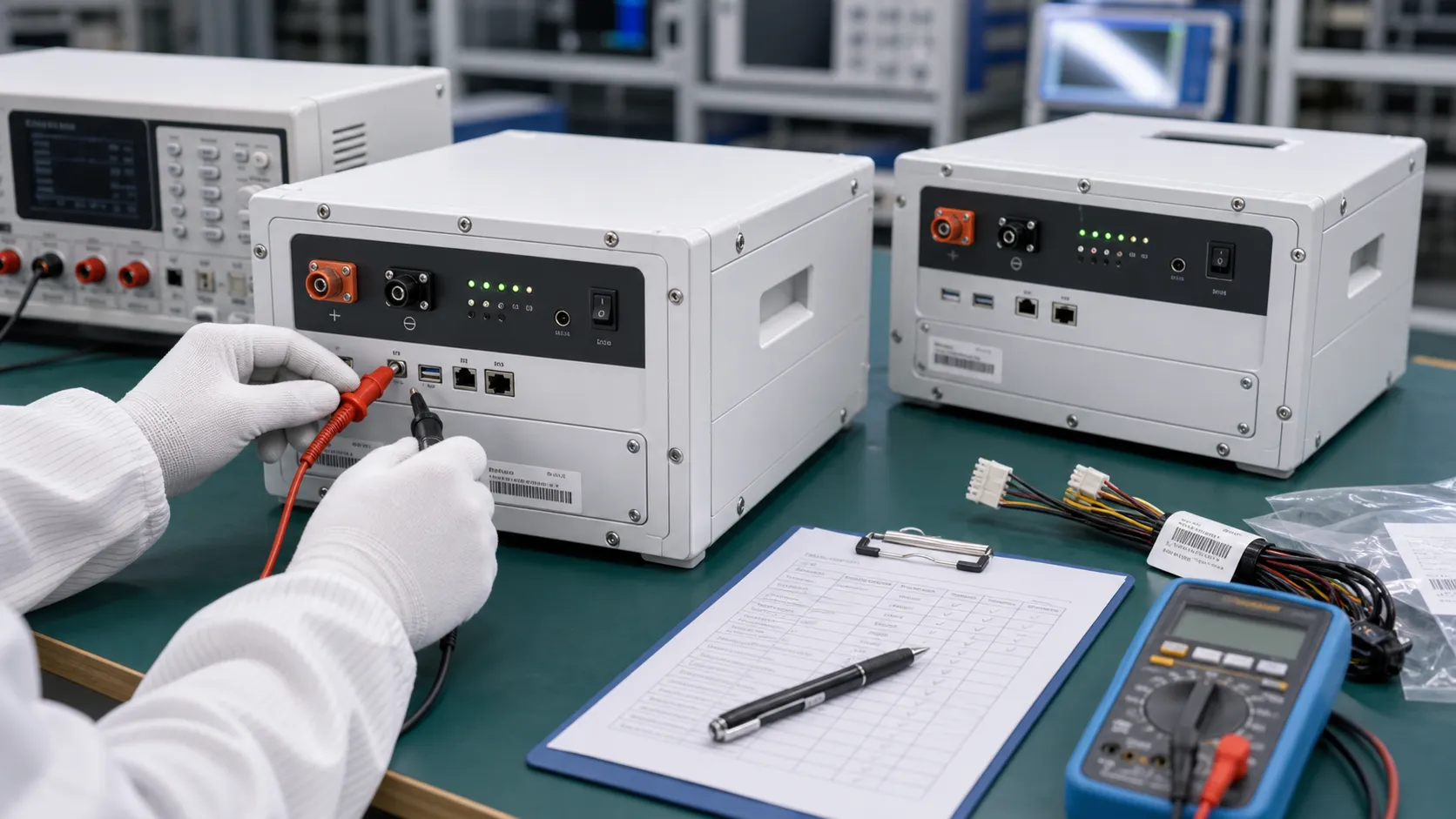 THOR Power technician inspecting LiFePO4 battery packs during final quality control and shipment release