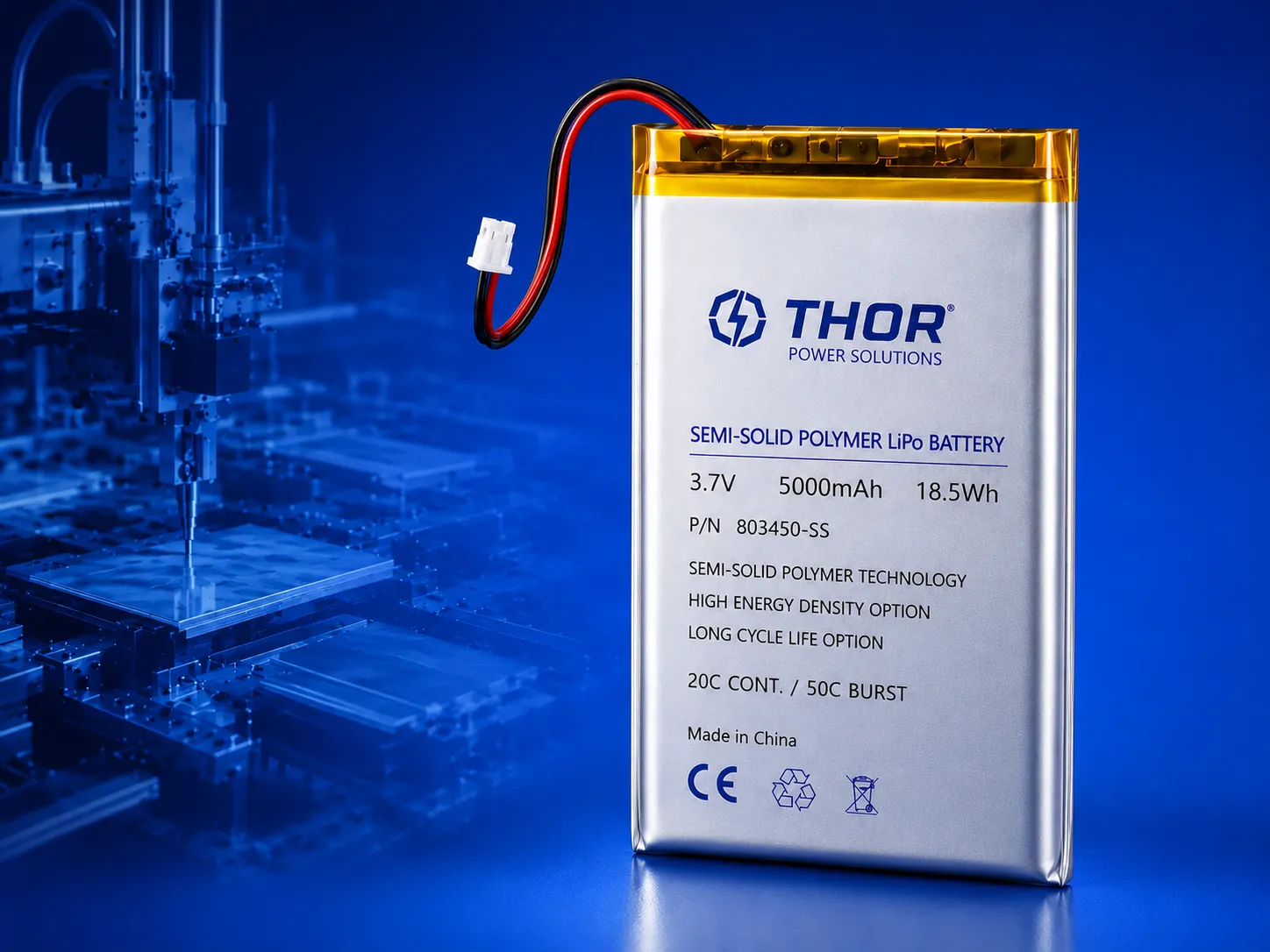 THOR Power semi-solid polymer LiPo battery product with custom voltage capacity and connector design