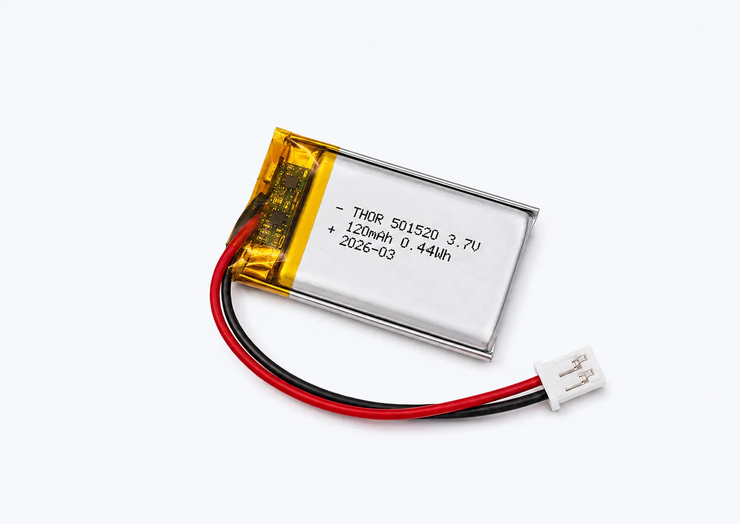 Custom THOR 501520 3.7V 120mAh thin LiPo battery with wire leads and JST connector for compact electronics