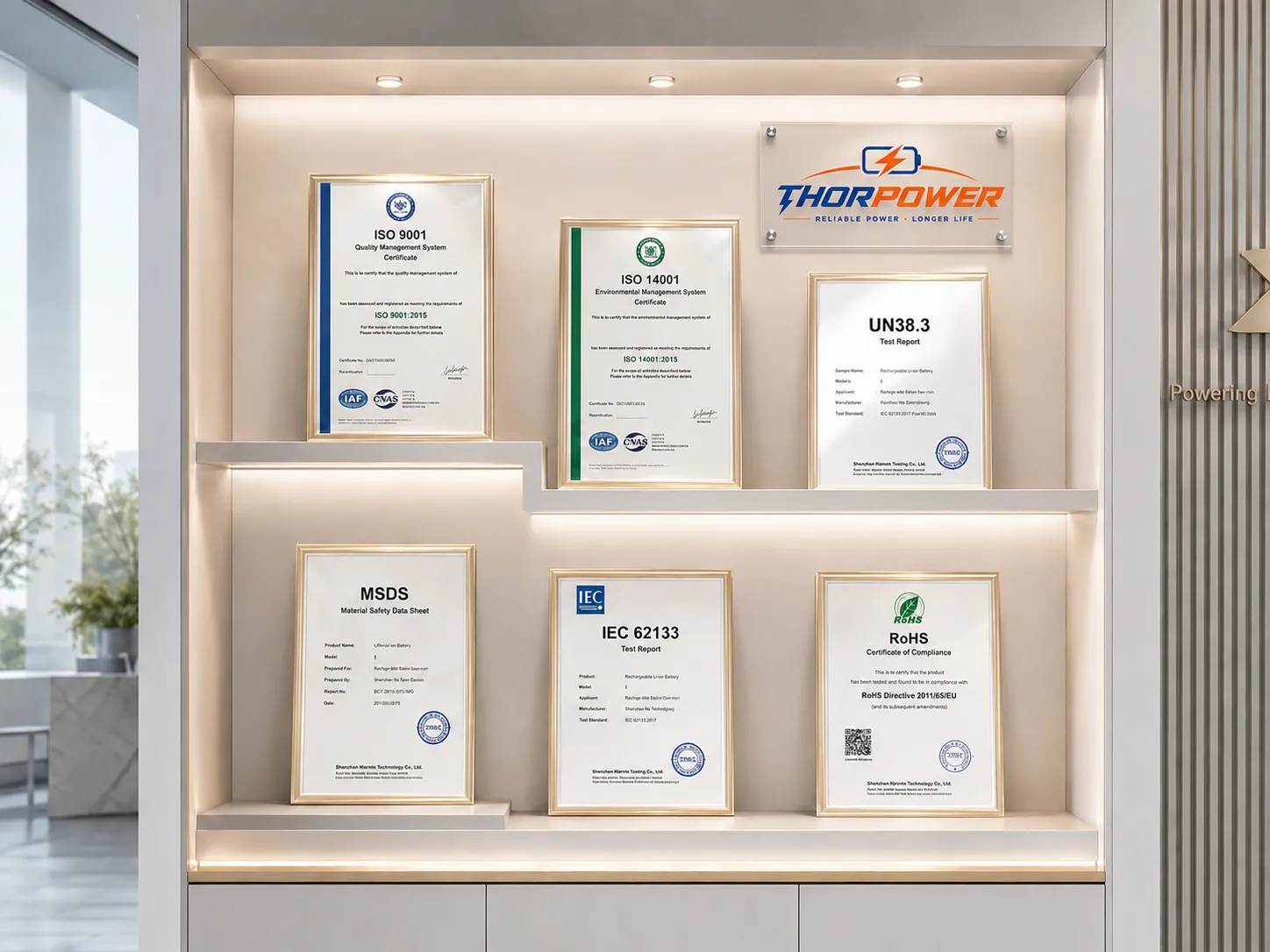THOR Power battery certifications UN38.3, CE, ISO 9001, ISO 14001, IEC 62133, RoHS and MSDS certificate wall
