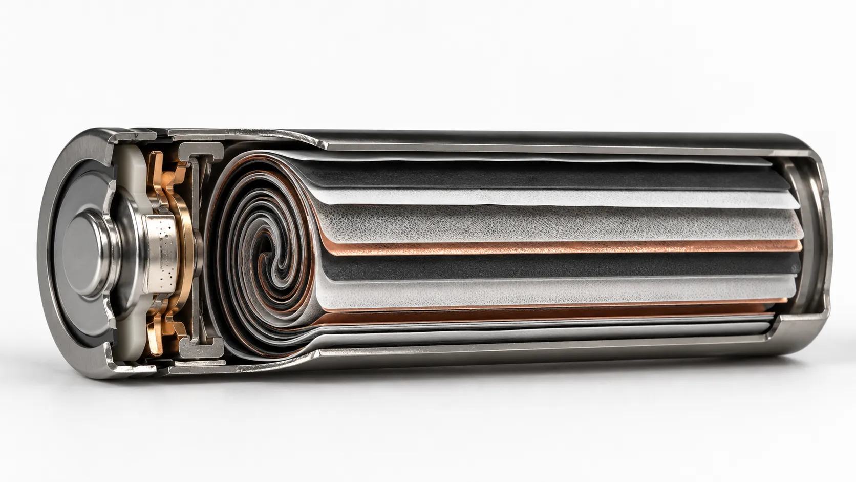 Technical cutaway of an 18650 lithium-ion cell showing the cylindrical steel can, wound electrodes, separator, top vent, CID and PTC safety structure