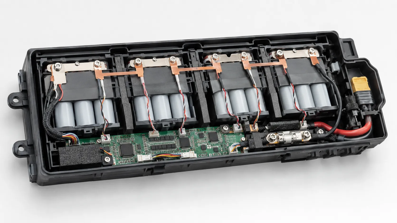Cutaway of a 4S3P lithium battery pack showing parallel cell groups, series busbars, BMS sense wires, fuse, NTC sensors and connector current path