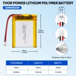 THOR 103450 3.7V 2000mAh LiPo battery dimension drawing showing T×W×L = 10 × 34 × 52 mm (with PCM) and 2-pin connector polarity