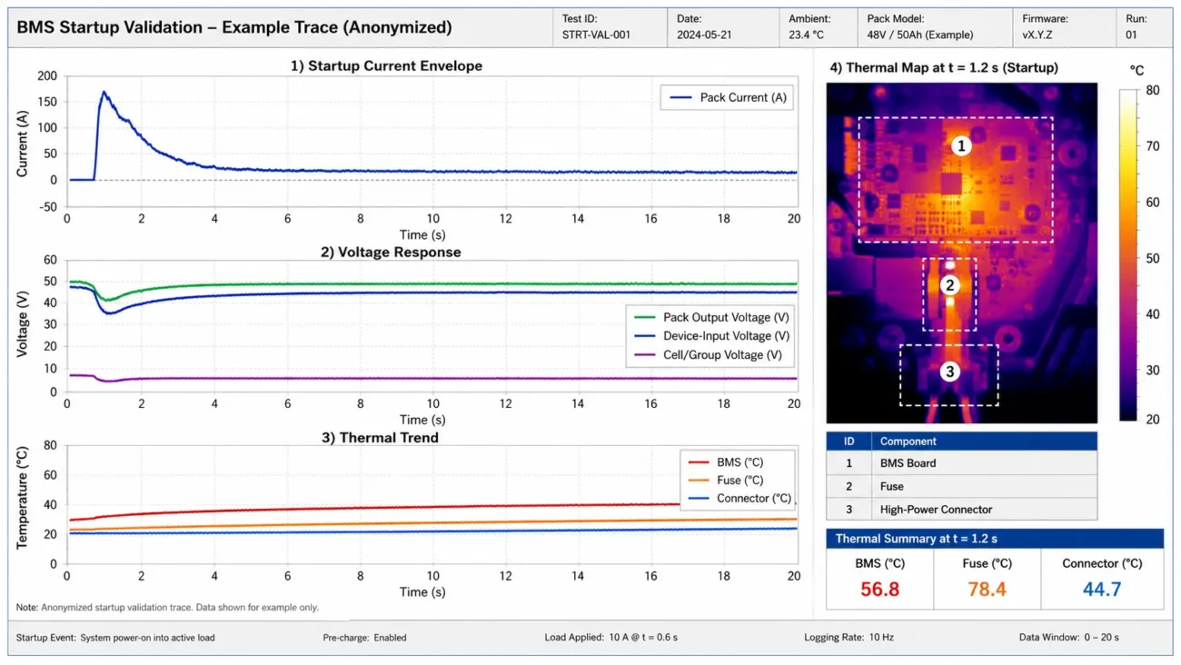 Battery BMS current waveform, voltage sag and thermal validation