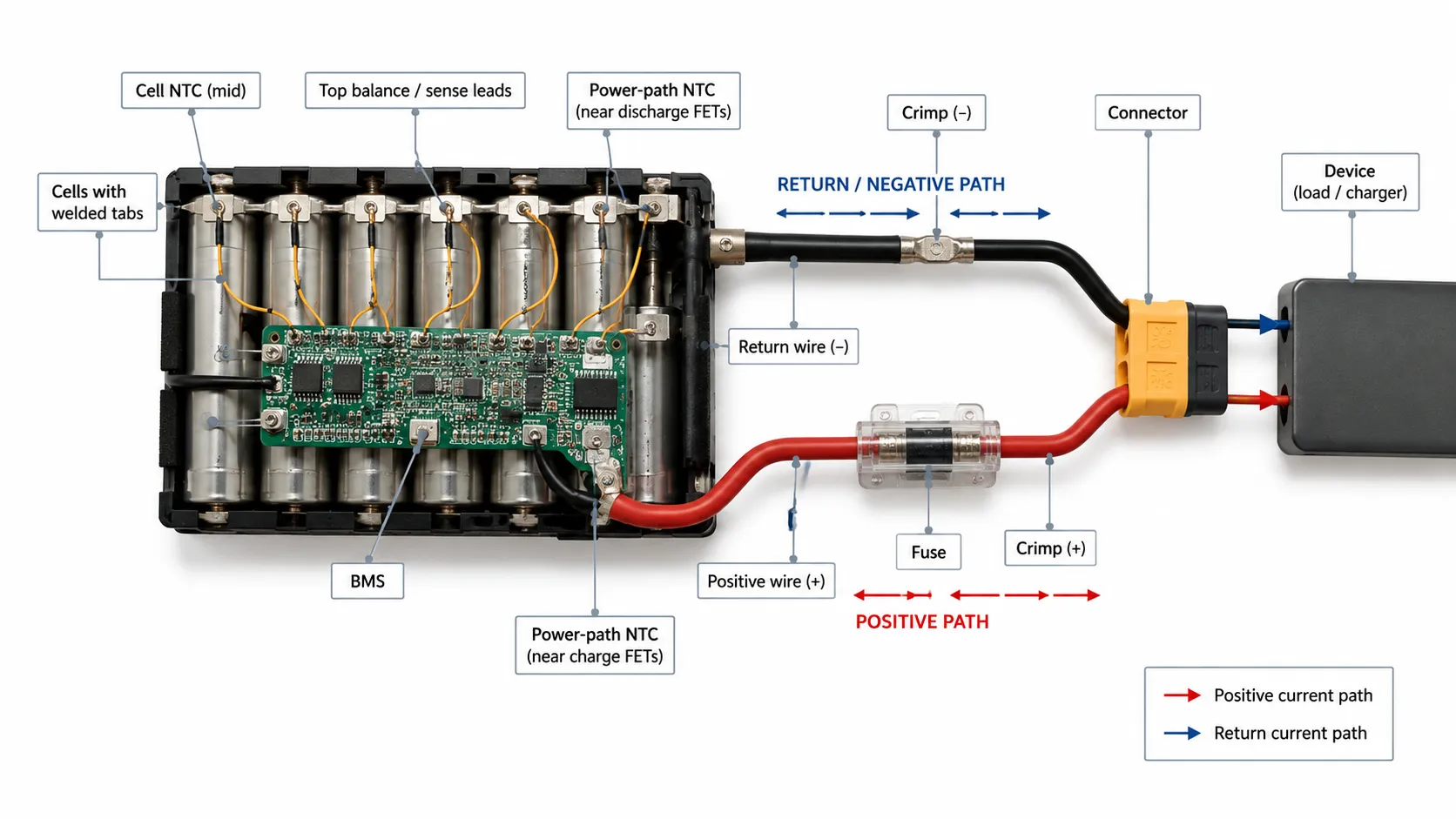 Battery current path showing connector, crimp, wire, fuse, BMS and NTC sensor placement