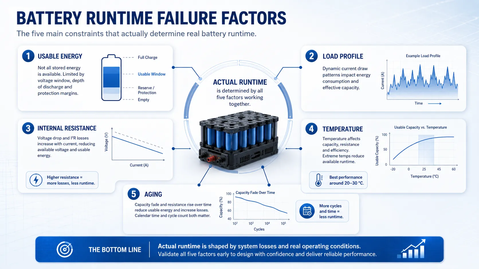 Battery runtime failure factors: voltage sag, temperature effects and cell aging reducing usable capacity