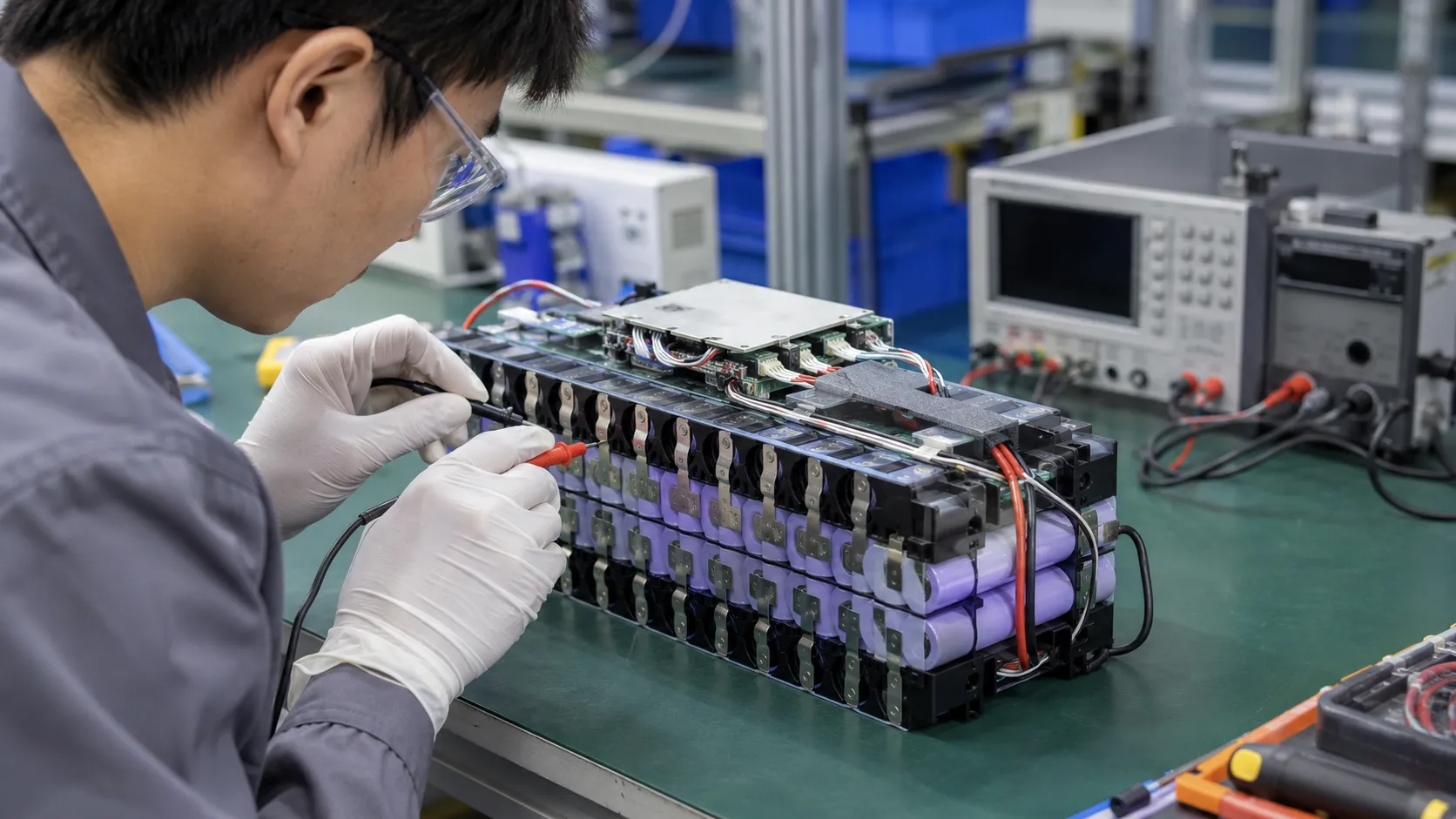 Battery engineer inspecting spot welds, insulation and BMS connections on a custom 18650 lithium-ion battery pack
