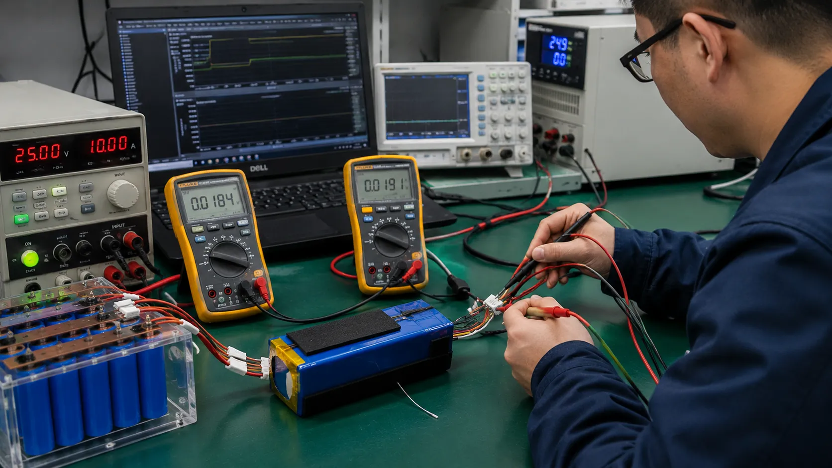 Battery engineer validating connector voltage drop, crimp quality, wire temperature and NTC response