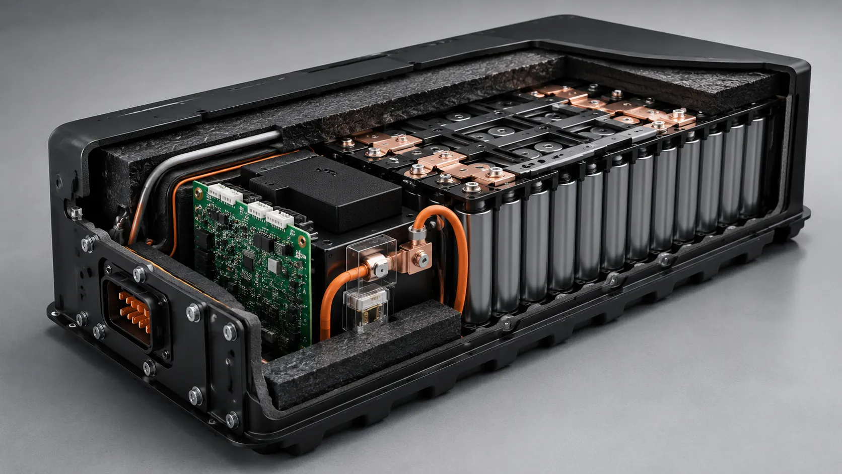 Technical cutaway of a custom battery pack showing cells, BMS, fuse, NTC sensors, busbars, connector, insulation, foam and protective enclosure