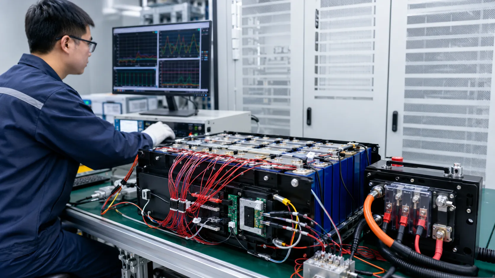 Battery engineer validating cell balance, BMS communication, contactor precharge and temperature rise on a custom LiFePO4 battery pack