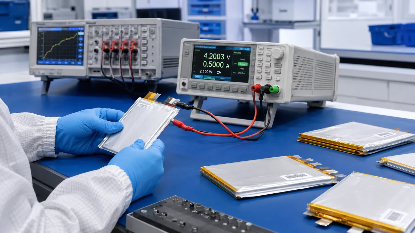 Battery engineer testing a custom LiPo pouch battery pack during electrical and quality inspection