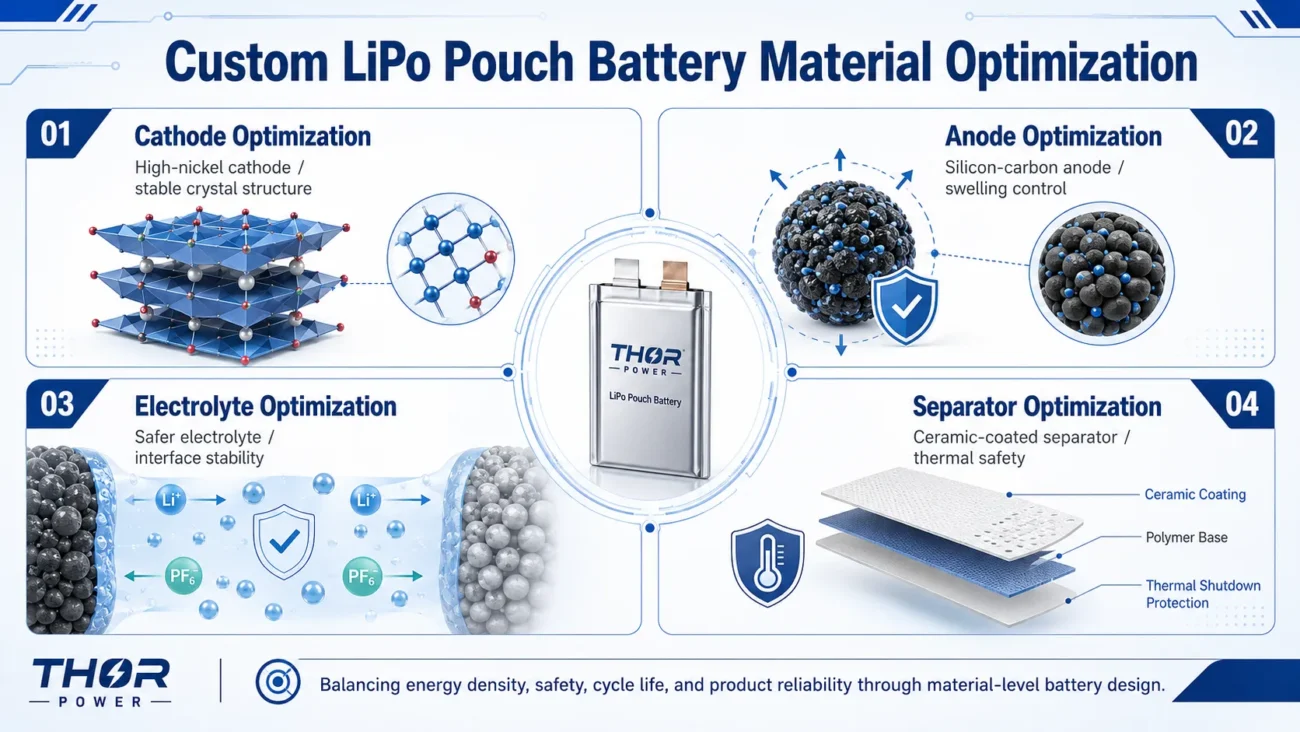 Custom LiPo pouch battery material optimization for higher energy density, safety, cycle life and product reliability