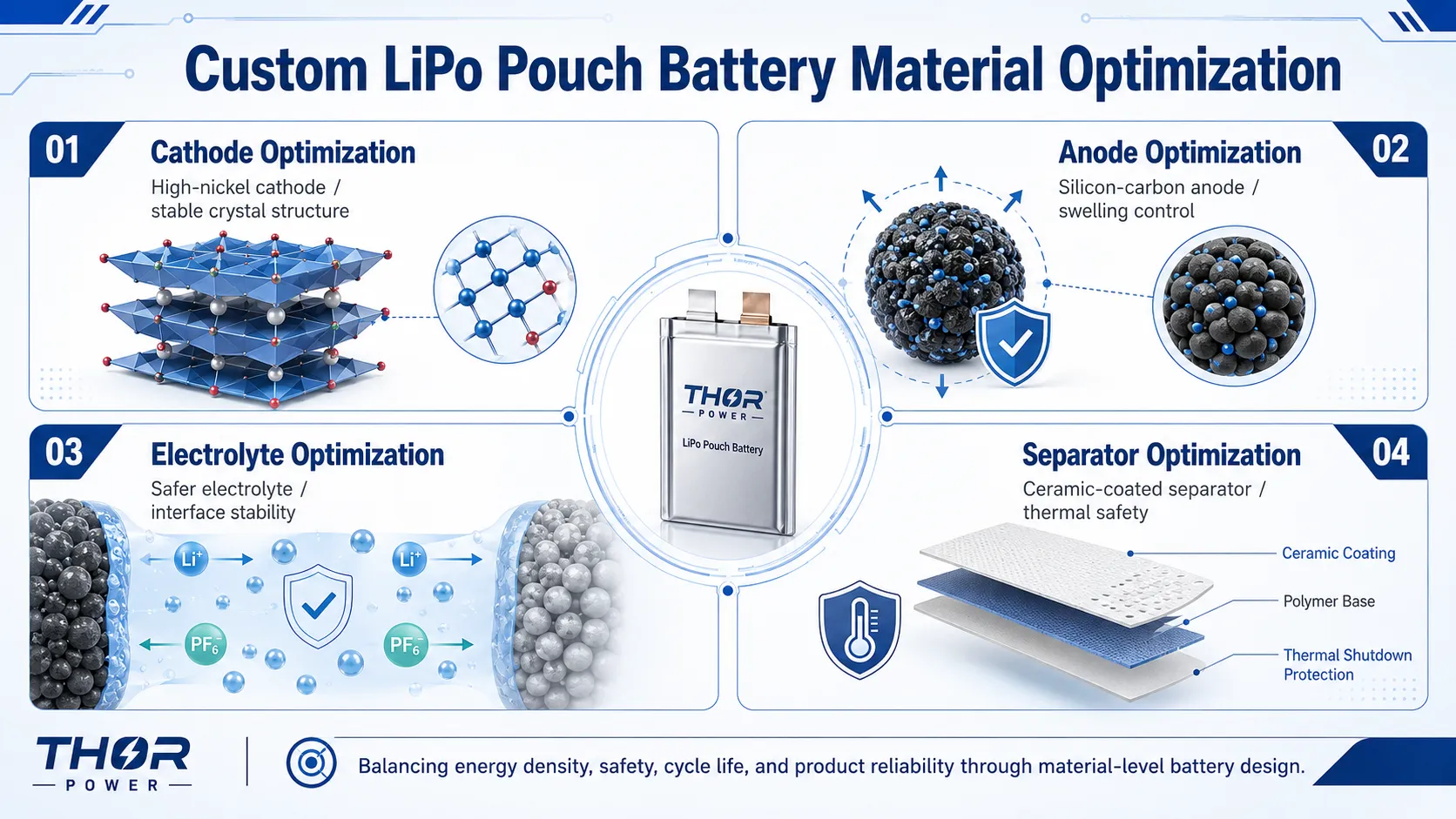 Custom LiPo pouch battery material optimization for higher energy density, safety, cycle life and product reliability