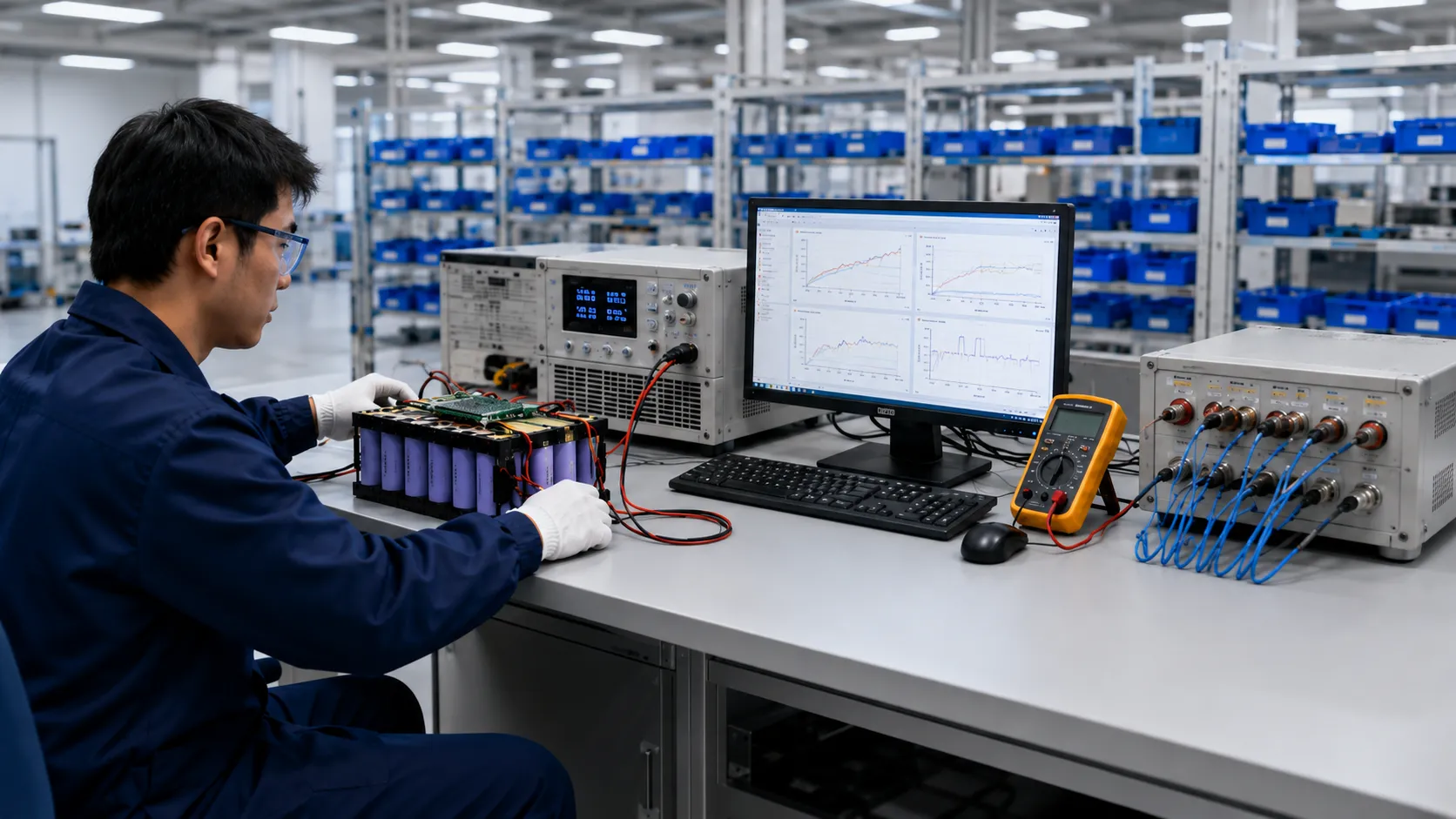 Battery engineer validating BMS protection, temperature rise and charge-discharge performance of a custom lithium-ion battery pack