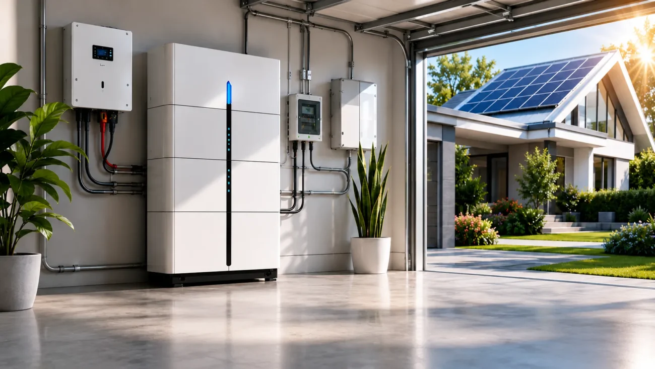Modern home energy storage battery installed with a solar inverter in a clean residential garage