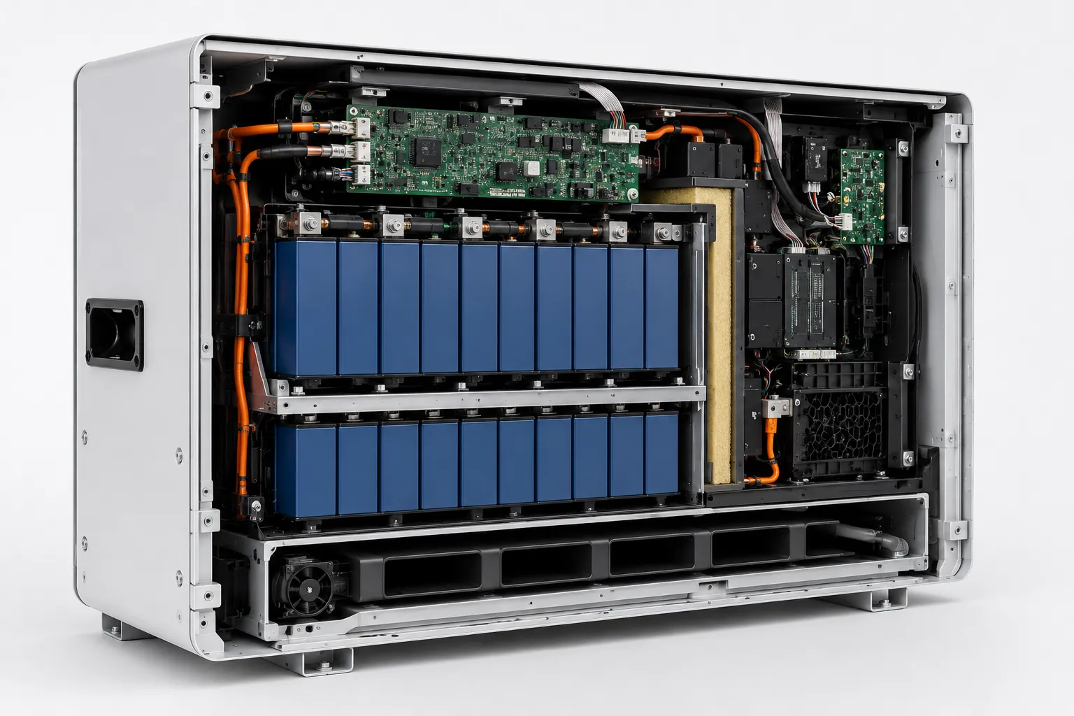 Cross-sectional view of a LiFePO4 home energy storage battery showing BMS and thermal management structure