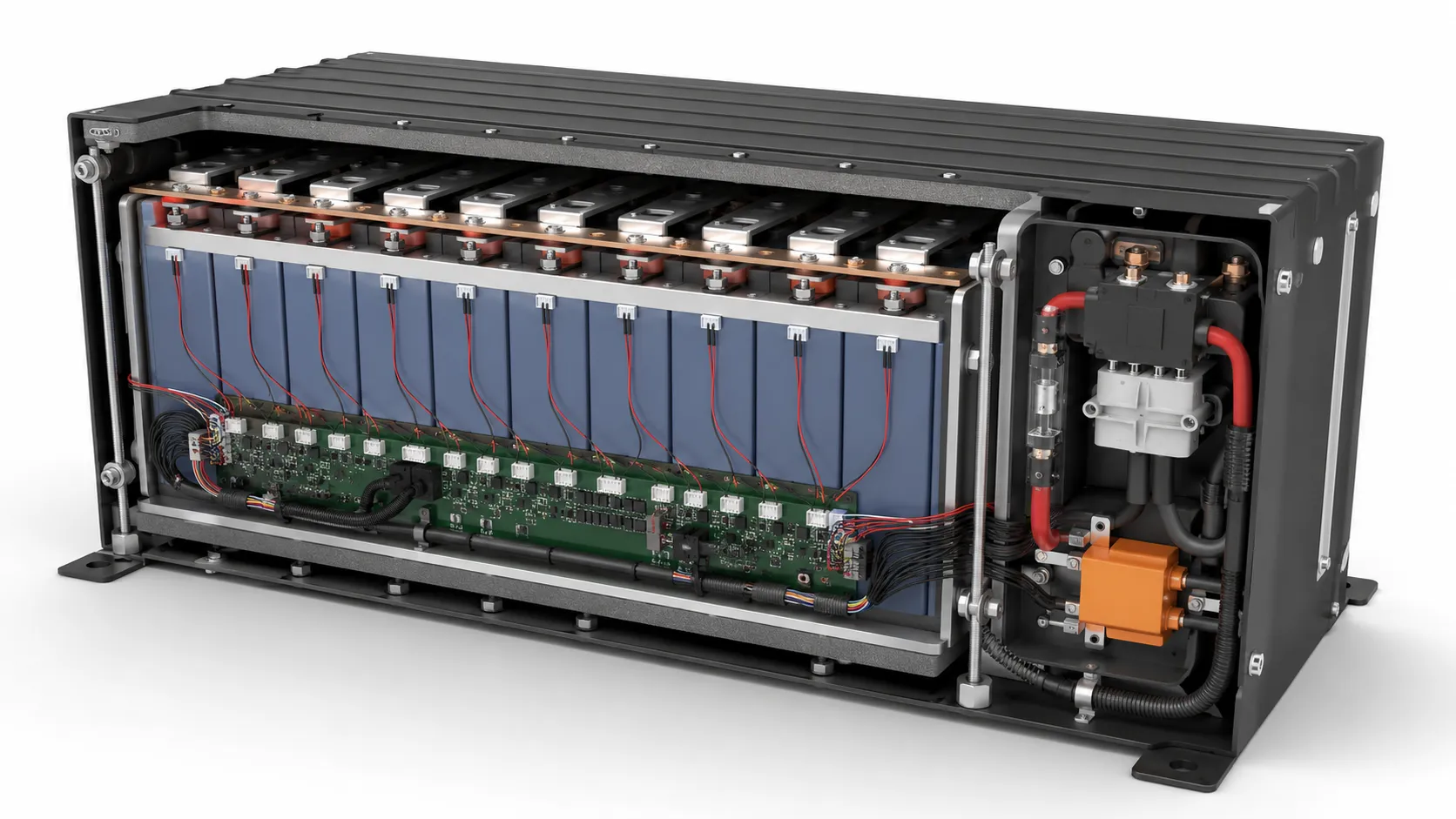 Cutaway of a LiFePO4 prismatic battery pack showing cells, BMS balancing connections, fuse, contactor, precharge circuit, temperature sensors and compression structure