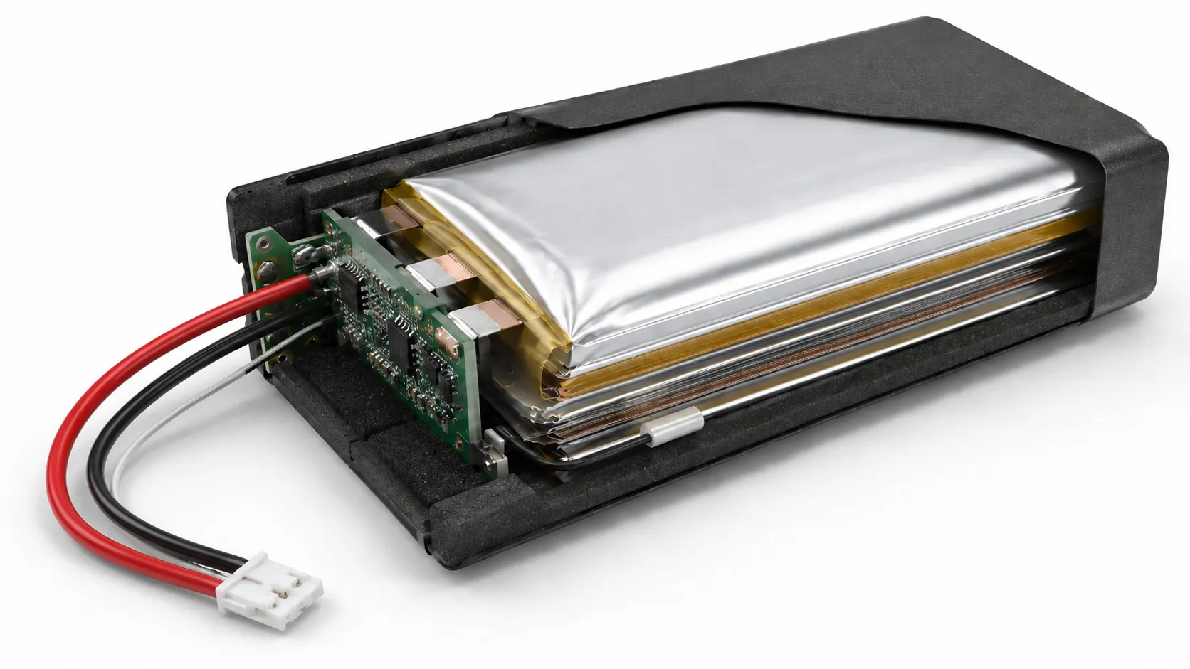 Cutaway view of a LiPo pouch battery pack showing pouch cell layers, protection circuit, temperature sensor, insulation and connector wiring