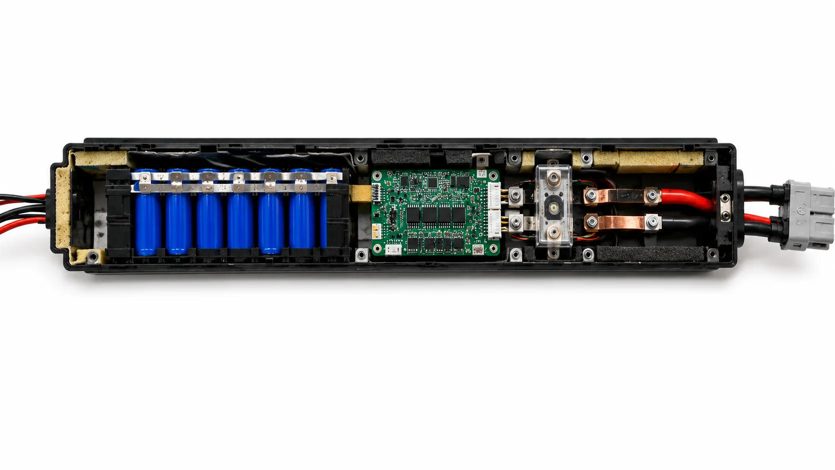 Cutaway of a lithium-ion battery pack showing cells, BMS, fuse, temperature sensors, insulation, wiring and protective enclosure
