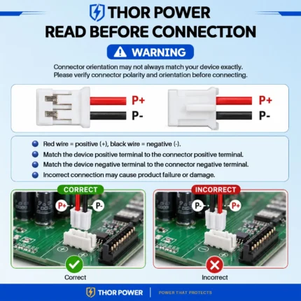 Lithium polymer (LiPo) battery connector polarity guide showing red positive and black negative wires with correct and incorrect connection examples