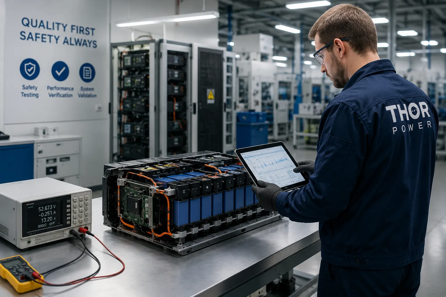 Battery engineer testing a custom home energy storage battery pack during quality inspection