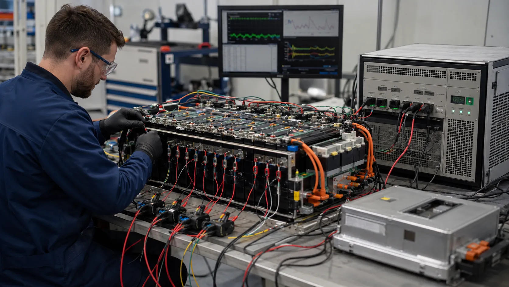 Battery engineer validating series-group voltage, parallel current sharing, BMS behavior and temperature rise on a custom battery pack