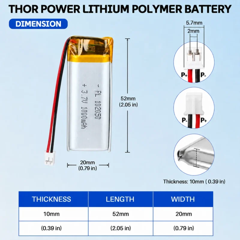 THOR 102050 3.7V 1000mAh LiPo battery dimension drawing showing T×W×L = 10 × 20 × 52 mm (with PCM) and 2-pin connector polarity