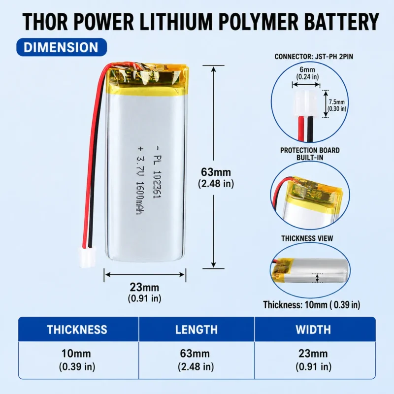 THOR 102361 3.7V 1600mAh LiPo battery dimension drawing showing T×W×L = 10 × 23 × 63 mm (with PCM) and 2-pin connector polarity