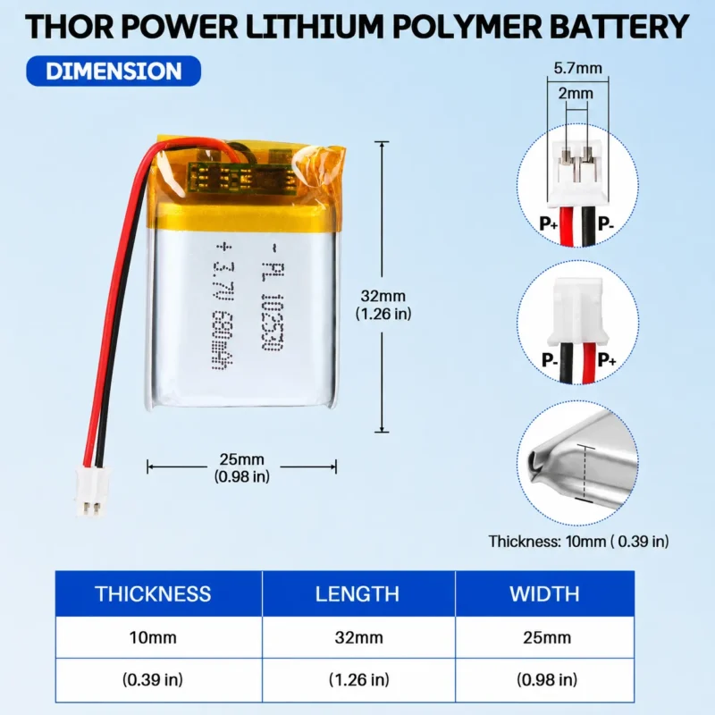 THOR 102530 3.7V 680mAh LiPo battery dimension drawing showing T×W×L = 10 × 25 × 32 mm (with PCM) and 2-pin connector polarity