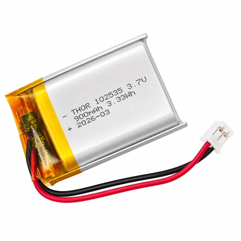 THOR 102535 3.7V 900mAh lithium polymer battery with PCM protection, red and black lead wires, and 2-pin connector