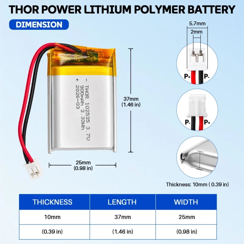 THOR 102535 3.7V 900mAh LiPo battery dimension drawing showing T×W×L = 10 × 25 × 37 mm (with PCM) and 2-pin connector polarity