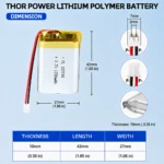 THOR 102740 3.7V 1350mAh LiPo battery dimension drawing showing T×W×L = 10 × 27 × 42 mm (with PCM) and 2-pin connector polarity