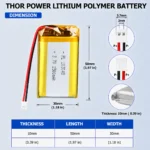 THOR 103048 3.7V 1500mAh LiPo battery dimension drawing showing T×W×L = 10 × 30 × 50 mm (with PCM) and 2-pin connector polarity