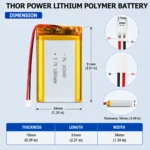 THOR 103449 3.7V 1800mAh LiPo battery dimension drawing showing T×W×L = 10 × 34 × 51 mm (with PCM) and 2-pin connector polarity