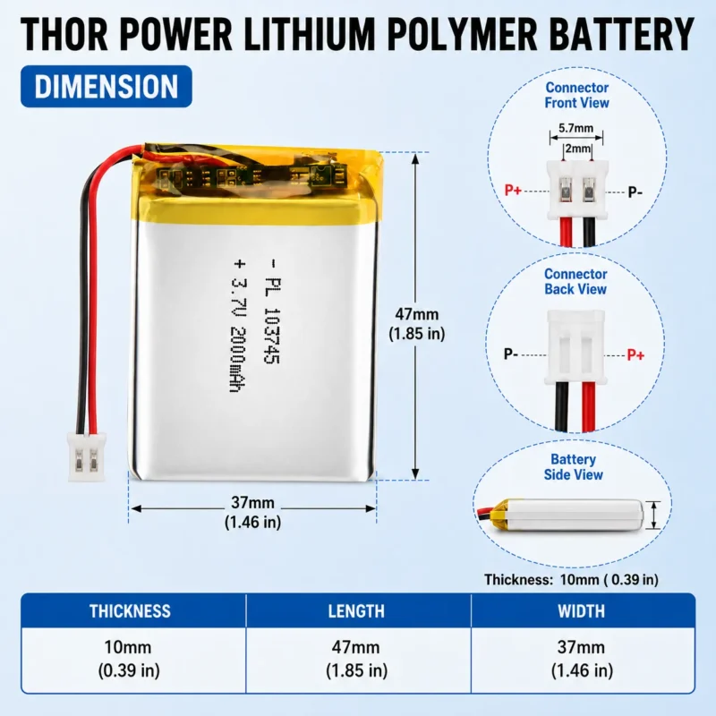 THOR 103745 3.7V 2000mAh LiPo battery dimension drawing showing T×W×L = 10 × 37 × 47 mm (with PCM) and 2-pin connector polarity