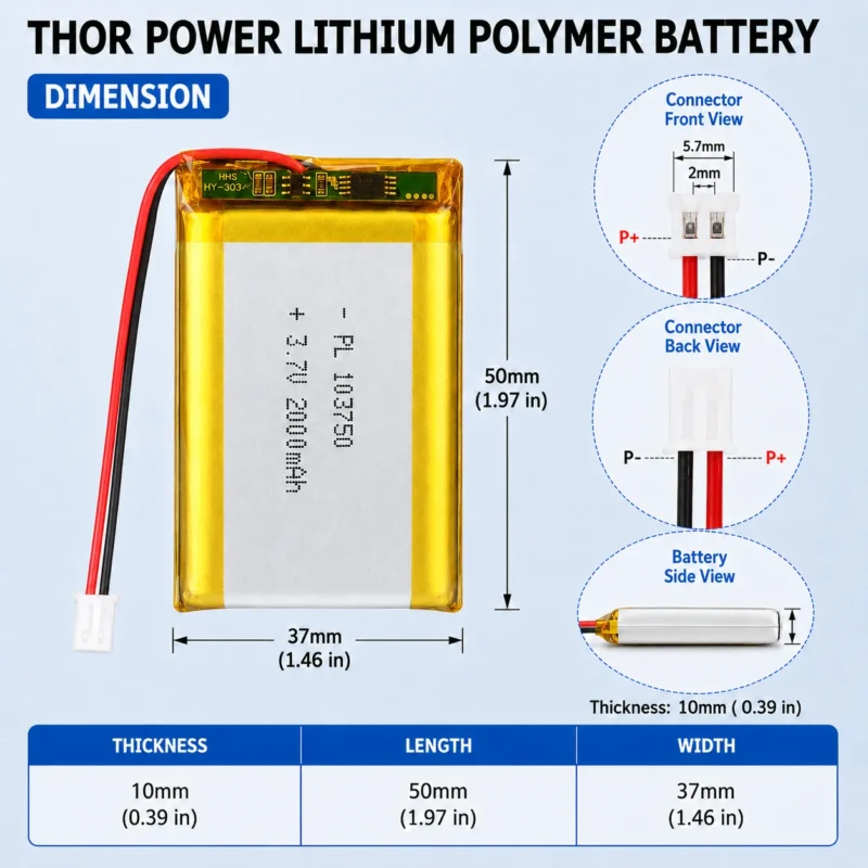 THOR 103750 3.7V 2000mAh LiPo battery dimension drawing showing T×W×L = 10 × 37 × 52 mm (with PCM) and 2-pin connector polarity
