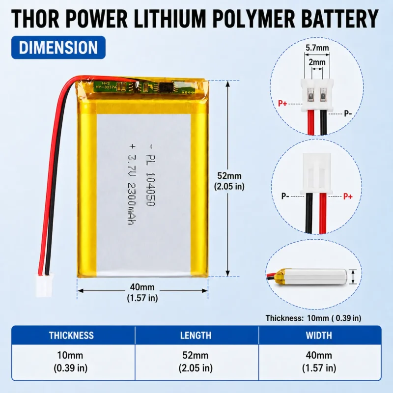THOR 104050 3.7V 2500mAh LiPo battery dimension drawing showing T×W×L = 10 × 40 × 52 mm (with PCM) and 2-pin connector polarity