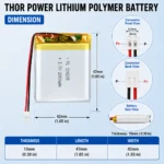 THOR 104245 3.7V 2000mAh LiPo battery dimension drawing showing T×W×L = 10 × 42 × 47 mm (with PCM) and 2-pin connector polarity