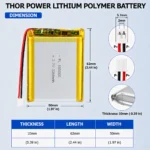 THOR 105060 3.7V 3500mAh LiPo battery dimension drawing showing T×W×L = 10 × 50 × 62 mm (with PCM) and 2-pin connector polarity