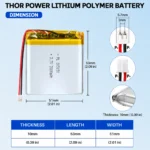 THOR 105151 3.7V 3000mAh LiPo battery dimension drawing showing T×W×L = 10 × 51 × 53 mm (with PCM) and 2-pin connector polarity