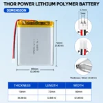 THOR 106070 3.7V 5000mAh LiPo battery dimension drawing showing T×W×L = 10 × 60 × 72 mm (with PCM) and 2-pin connector polarity