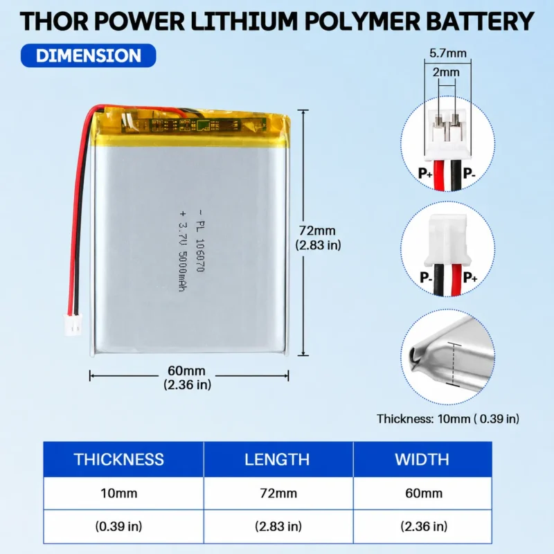 THOR 106070 3.7V 5000mAh LiPo battery dimension drawing showing T×W×L = 10 × 60 × 72 mm (with PCM) and 2-pin connector polarity